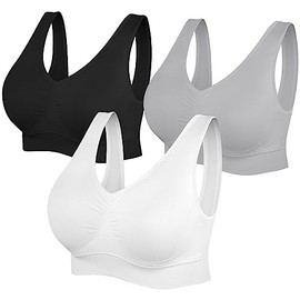 SIMIYA Super Comfort Bra, Womens Sports Bras Removable Pads Plus Size Sleep Bras for Girls in Yoga Bralette Leisure Stretch Crop Tops Vest (XL, 3 Pack Black+White+Grey)