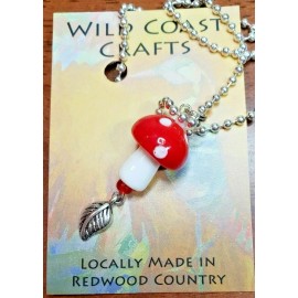 Wild Coast Crafts Red Lamp Glass Amanita Mushroom Necklace with 18" ball chain with a leaf charm