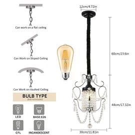 Fetcoi Chandelier Crystal Ceiling Light Fixture for Bedroom, 1-Light Elegant Metal Crystal Antique Chandelier Lighting for Girls Room Bedroom, 11.81" L x11.81 W x17.32 H, Black
