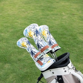 Golf Club Head Covers 3 Wood Headcover Hawaii Coconut Tree Style Elegant Embroidery Premium Leather Waterproof Driver Cover Fairway Wood Cover Hybrid Cover with Number Tags (for Fairway(1pcs))