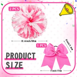 Hanaive Cheerleading Pom Poms and Large Cheerleader Hair Bow for Girl, 3 Count (12 Inch Large Metallic Pink and White Mixed, Matte) for Sports Team Spirit Cheering