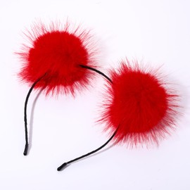 VOGUEKNOCK Fluffy Rainbow Pompom Rabbit Fur Hair Jewelry Headband with Red Balls