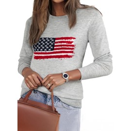 EVALESS Fall Sweaters for Women 2025 Trendy Lightweight Wool Blend Knit Sweaters Fashion Long Sleeve Crewneck American Flag Sweater Fall Outfits Pullover Sweater Tops Gray Medium