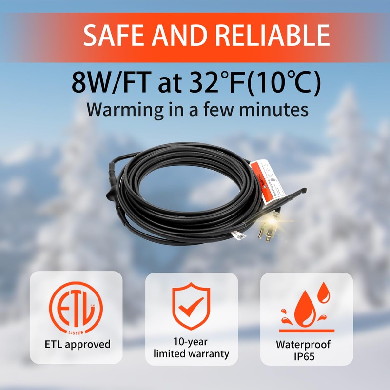 HEATIT 100ft Roof and Gutters Heating Cable with 10ft Lighted