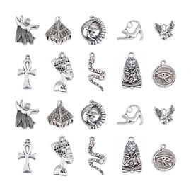Ornazy 100 pcs 10 Styles Tibetan Pharaoh Charms Antique Silver Snake Cat Pyramid Evil Eye Cross Charms Vintage Egyptian Charms for Jewellery Making Bulk