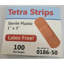 One Case of Tetra Strips Adhesive Bandages, Plastic, 1" x 3" Latex-Free Sterile, 100 Bandages per Box, 36 Boxes per Case