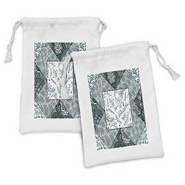 Ambesonne Boho Fabric Pouch Set of 2, Shabby Form Leaves in Mix Chevron Swirled Nature Branches Flower Print, Small Drawstring Bag for Toiletries Masks and Favors, 9" x 6", Jade Green Grey White