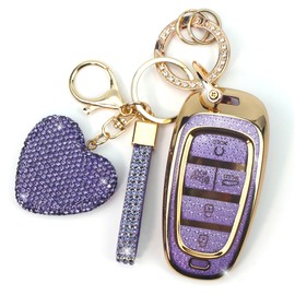 YIKECASE Key Fob Cover with Diamond Keychain Fit for Hyundai Car Key Holder Case Compatible with Hyundai 2023 2022 2021 2020 Sonata Santa Fe Tucson Smart Remote Key Protector, 5 Buttons (Purple-Heart)