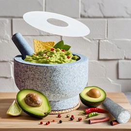 Extra Large Natural Stone Mortar & Pestle Set, 5 Cup 8" Heavy Duty Granite Grinder Bowl Unpolished Exterior, 2 Pestles, Molcajete & Tejolote de Piedra Spice Guacamole Pesto Herb Crusher