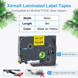 3 x XemaX Compatible Label Tape Replacement for Brother P-touch TZe-621 TZ-621 TZc-621 Label Tape 9 mm 0.35 Inch Tape Cassette for PT-1000 1010 E110 H100 H100LB H100R H105 H110 P300BT D400 Yellow on