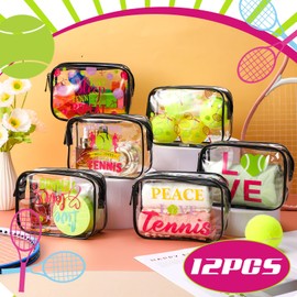 Sunnymove 12 Pcs Sport Gifts for Girls Women Makeup Bag Bulk Clear PVC Cosmetic Case Sport Goodie Bag Travel Toiletry Handbag for Team Gift Party Favors, 7.87 x 5.9 x 2.36'' (Vivid Color,Tennis)