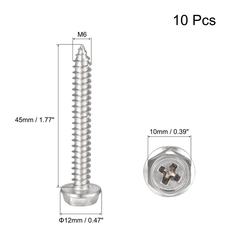sourcing map Phillips Hex Washer Self Tapping Screws, M6 x