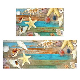 Linen Geometric Beach and Nautical Kitchen Rugs for Floor 2 Piece Set, Wood Grain Ocean Coastal Beach Kitchen Rug, Nautical Kitchen Mat in Front of Sink for Standing for Kitchen Decor 17"X30"+17"X47"