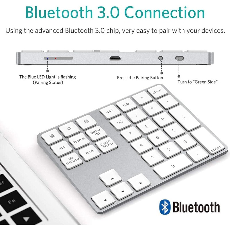 Teclado numérico Bluetooth recargable, de aluminio de 34 teclas, teclado