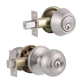 Probrico 4 Pack Keyed Alike Entry Door Knobs with Single Cylinder Deadbolt, Satin Nickel Door Handle Set for Entrance and Front Door with Same Keys