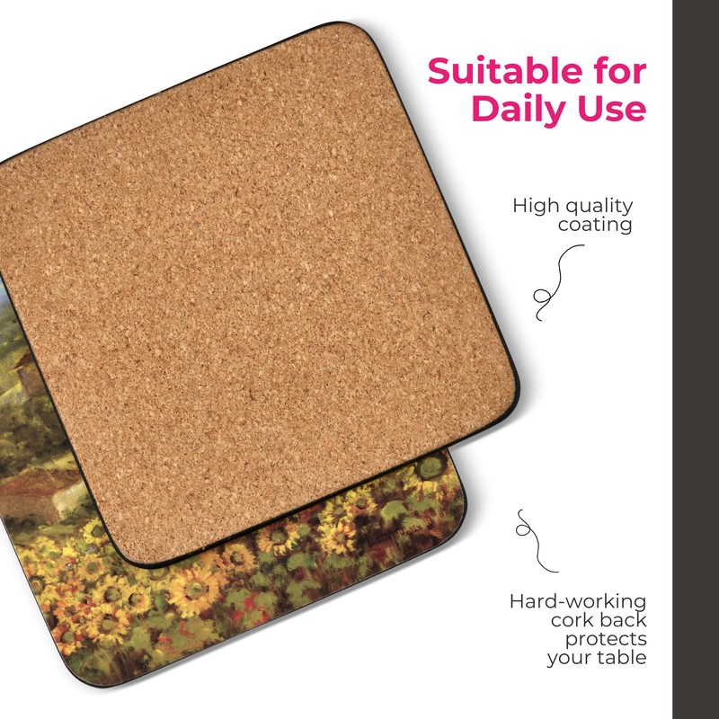 Pimpernel Tuscany Coasters, Set of 4 – 4" Square Cork-Backed