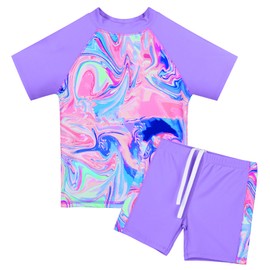 TFJH E Girls Short Sleeve Swimwear 2pcs Rash Guard Sets UPF 50+ Swimsuits Bathing Suits 336 Purple Agate 8A