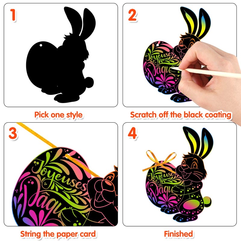 FEPITO 24 Pcs Easter Scratch Paper Kits Bunny Scratch Paper