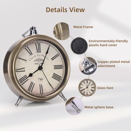 Maxspace Vintage Table Clock on Stand, Super Silent Non Ticking Silvery Small Analog Alarm Clock,Battery Operated, Decorative Clock for Bedside/Desk/Shelf (Roma)