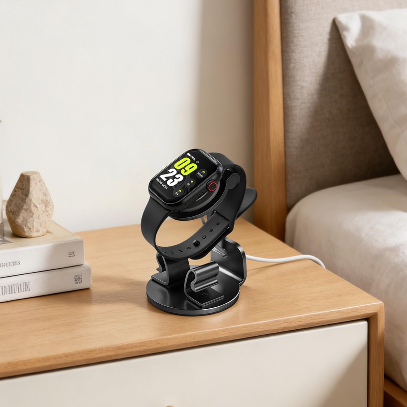 Aluminum-Made Watch Charger Stand with Cord Organizer (Black)