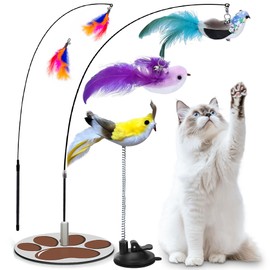 Interactive Cat Toy for Indoor, Includes Metal Base, Suction Cup Cat Base, Cat Wand,Bird Simulation Toys and Feather Toy, Set of 7 PCS