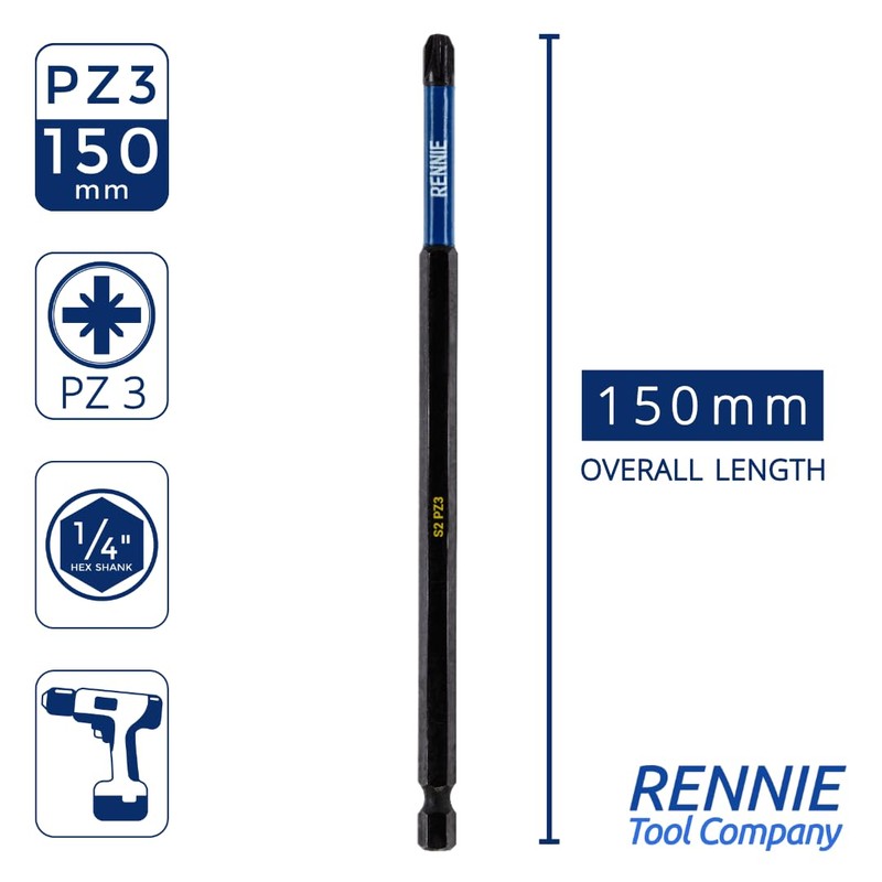 10 x Rennie Tools 150mm Long PZ3 Impact Screwdriver Driver
