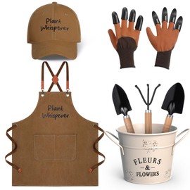 Tarpop Garden Tool Set Plant Whisperer Gardening Gifts for Women, 7 Piece Vegetable Planting Tool Kit with Cap Canvas Apron Gloves Soil Scoop Transplant Trowel Cultivator Flower Tub (Brown)