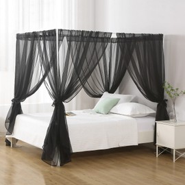 WANFASO Chiffon Black Bed Canopy Queen Size, Gothic Style Girls Canopy Bed Curtains, 4 Post Bed Curtains for Adult Room Decor