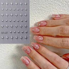 Laser Gold Silver Star Relief Nail Stickers 5D Small Rhombus Star Pattern Self Adhesive Nail Decals for Women’s 4 Colors Star Nail Art Stickers (Gold Sliver Black White) for Manicure Art