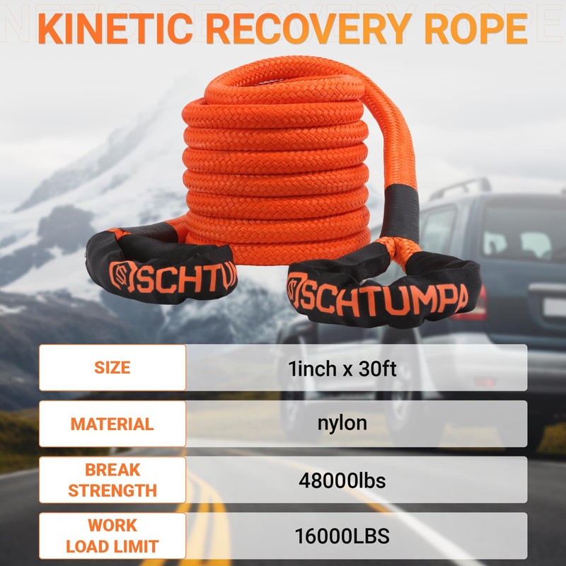 Kinetic Recovery Tow Rope, 1in x 30ft, 48000Lbs, Heavy Duty