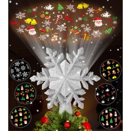 Tsorode Christmas Tree Topper Lighted,Star Tree Topper with Projector Built-in LED Rotating Lights with 6 Projection Modes,3D Glitter Dynamic Projection Christmas Decorations (Snowflake)