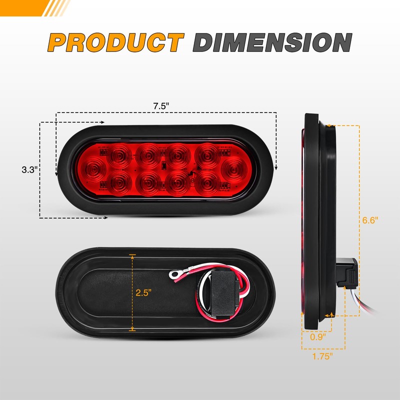 GOOACC 6Inch Oval Trailer Tail Light 2PCS 10LED Red Stop