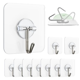 Lomrsiul Adhesive Wall Hooks for Hanging - Clear Removable Ceiling Hooks 13lb Stainless Steel Self Adhesive Hooks Waterproof Sticky Hooks for Window Kitchen Cabinet Shower Wardrobe 10 Pack