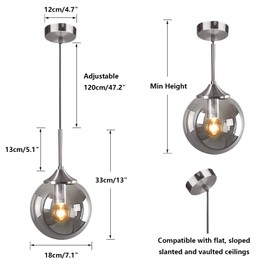 KCO Lighting Modern Large Glass Globe Pendant Lighting Brush Nickel Pendant Lights Kitchen Island Single Hanging Light Fixture Glass Ball Chandelier (Smoke Gray)