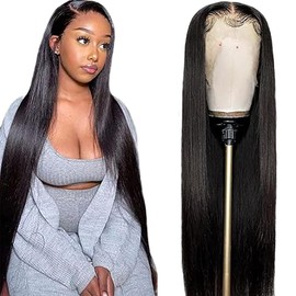 Shoaiye 13 x 4 Lace Front Real Hair Wig, Women's Straight Human Hair Wig, Wear and Go Glueless Remy Pre-Plucked Natural Hairline, 150% Density, Natural Black Colour, for Woman, 16 Inches