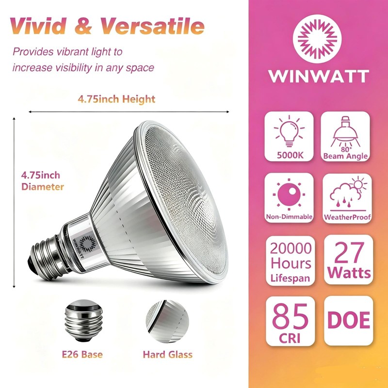 WinWatt LED Light Bulbs PAR38 Full Glass, 27W=300W Equivalent 4000