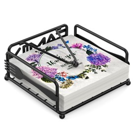 Napkin Holder for Table, Flat Napkin Dispenser with Weighted Arm, Square Cocktail Paper Holder of Elegant Rustic Iron for Kitchen Dining Room Decor Restaurant Farmhouse Hotel Party, Black