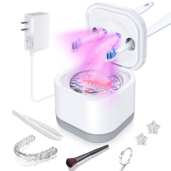 Ultrasonic Retainer Cleaner with UV Light 45000Hz Ultrasonic Cleaner for Dentures Aligners Mouth Guards and Toothbrushes Ultrasonic Jewelry Cleaner Machine with Two Mode Settings and Timer