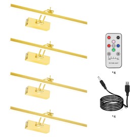 4 Pack Battery Picture Lights, 5200mAh Rechargeable Picture Lights with Remote Timer & Dimmable, CRI95+ 16" Adjustable Art Light for Paintings Display, Frame, Gallery, Wall Art Accent Light, Gold