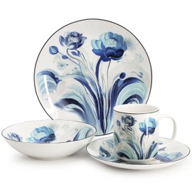 Elama Peony Garden 16 Piece Abstract Floral Round Porcelain Dinnerware Set, Tableware Set, Serveware Set (Peony Garden)