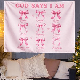 FYSUIMU Pink Bow Tapestry Christian Bible Verse Decorative Wall Hanging Blanket Coquette God Says I Am Wall Art Room Decor for Home Bedroom College Dorm Supplies, 36 x 48 Inch