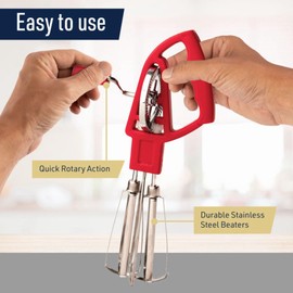 Rotary Egg Beater Manual Hand Crank Mixer - Stainless Steel Hand Mixer with Double Rotating Heads for Easy Beating, Blending, and Whipping - Dishwasher Safe Kitchen Gadgets by Kings County Tools (Red)