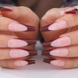 Outyua French Extra Long Press on Nails Glossy Coffin Fake Nails V Shape Super Long False Nails Acrylic Ballerina Full Cover Nails 20Pcs for Woemen and Girls (Wine Red)