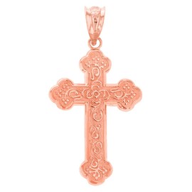 Religious Jewelry 10k Rose Gold Eastern Orthodox Floral Rose Cross Pendant