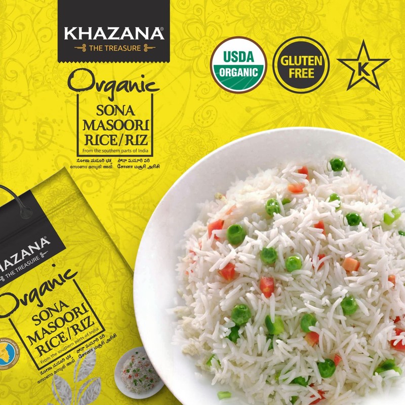 Organic Sona Masoori Rice by Khazana in 20 lb Bag