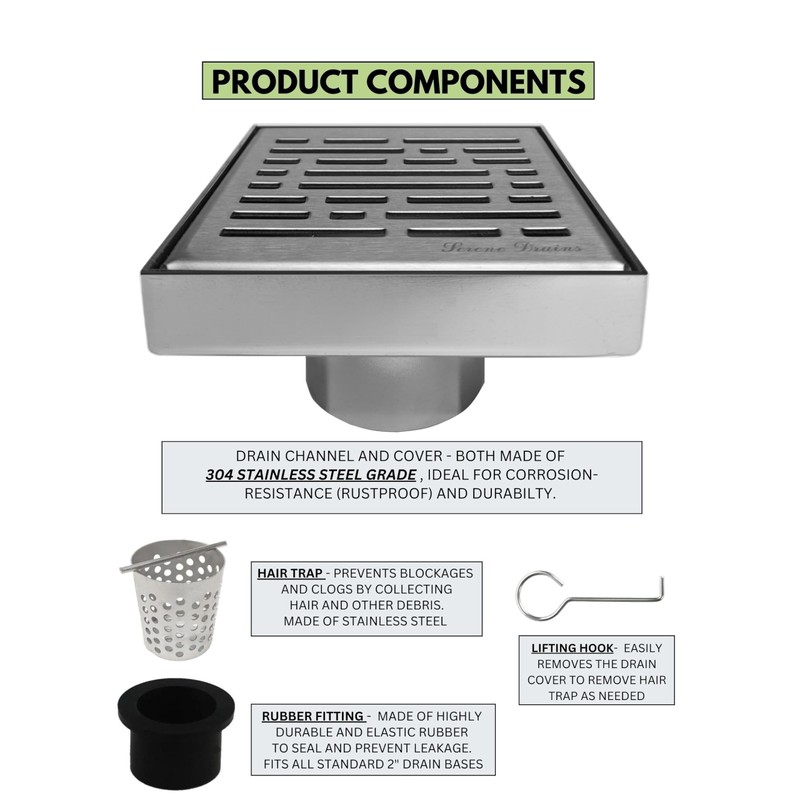 SereneDrains 304 Stainless Steel 4 Inch Brushed Nickel Square Shower