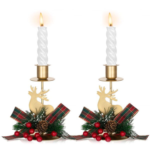 Sziqiqi Reindeer Candlestick Holders with Christmas Bow Decor, Gold Candle Stick Candle Holder Set of 2, Decorative Stag Candle Stands Centerpieces for Christmas Table Fireplace Mantle Decoration