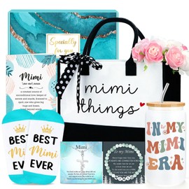 Mimi Gifts for Grandma Mimi Birthday Gifts from Grandkids Grandma Present Box for Christmas, Birthday Gift Set Ideas for Women from Grandson, Granddaughter, Grandchildren with Tote Bag, 16oz Glass Cup