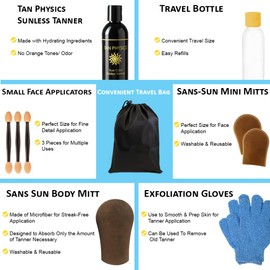 Tan Physics Self Tanner – 11pc Sunless Tanning Kit with True Color Tanner, Exfoliation Gloves, Travel Bag & Bottle, Face & Body Mitts, Detail Applicator for a Flawless Glow