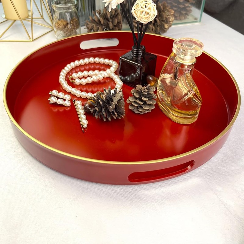 Umisriro 13" Round Decorative Tray, Red Serving Tray with Handles,